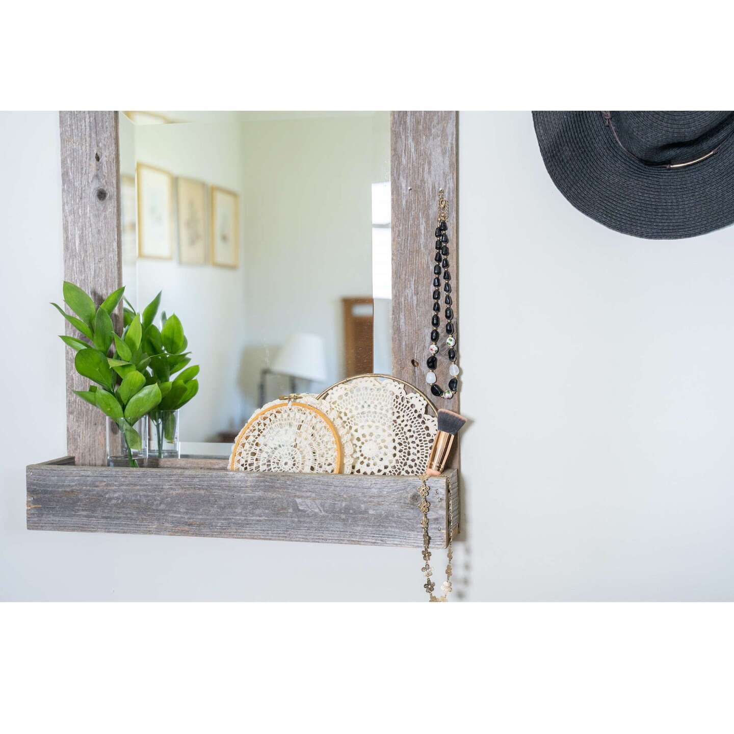 Rustic Farmhouse 16 x 20 Weathered Gray Wood Framed Mirror with Shelf