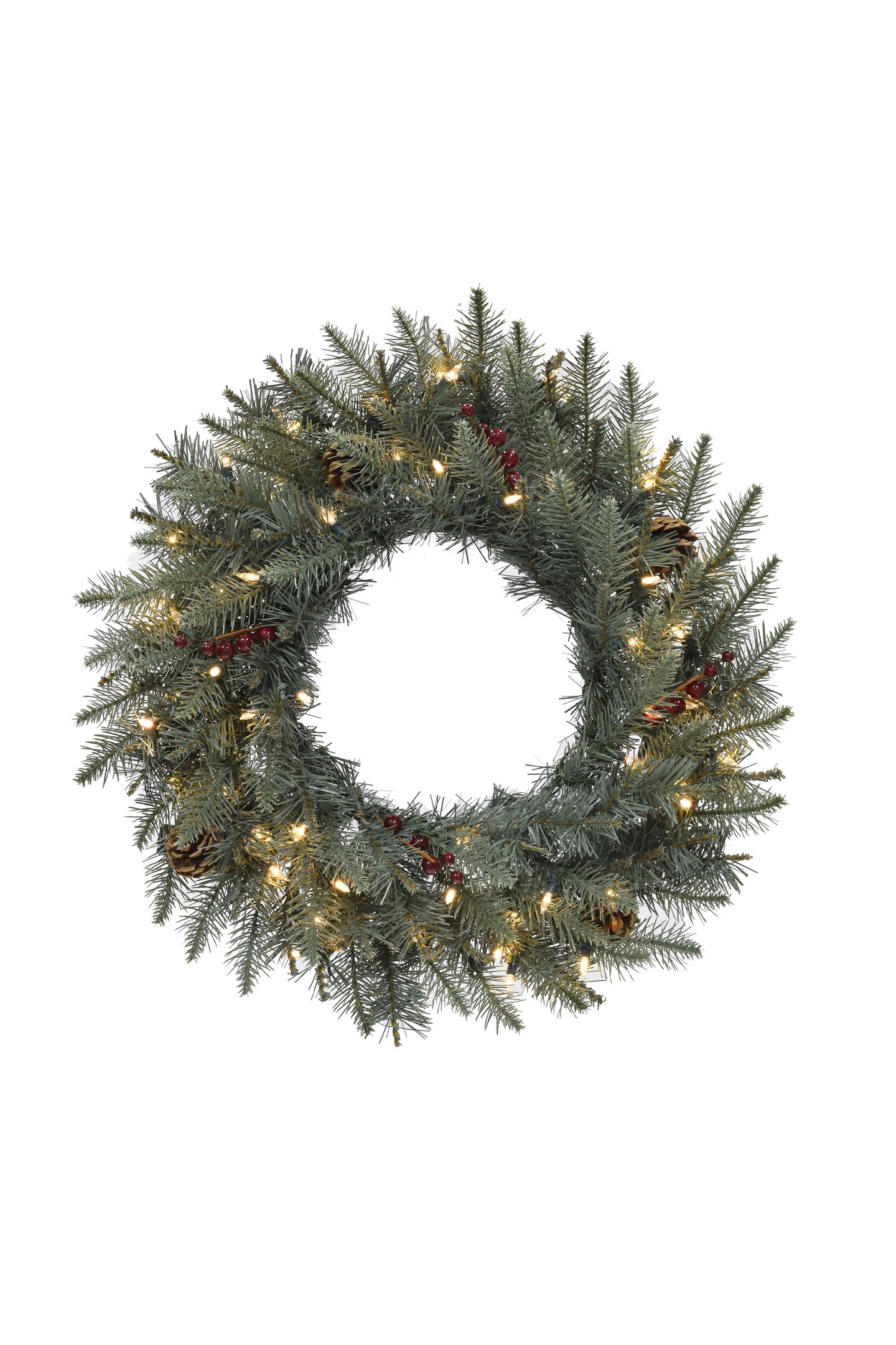 Perfect Holiday 24&#x22; Pre-lit Carolina Spruce Wreath With Pine Cones And Red Berry Clusters