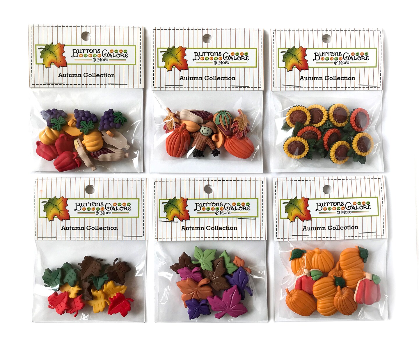 Buttons Galore 70+ Assorted Autumn Buttons - Set of 6 Button Packs - Leaves, Pumpkins, Sunflowers &#x26; More