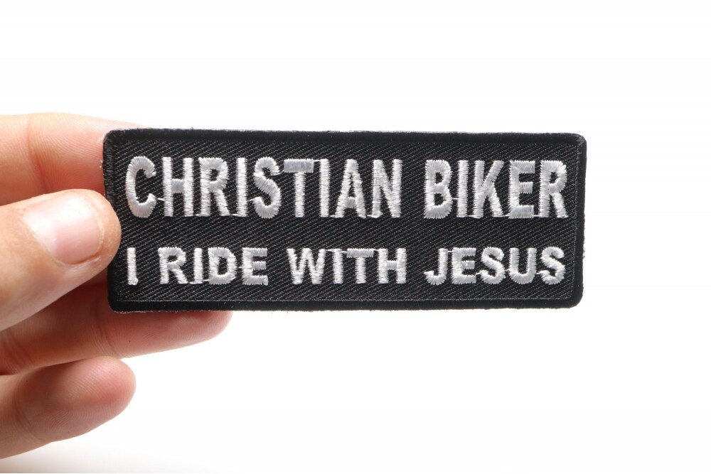 Patch, Embroidered Patch (Iron-On or Sew-On), Christian Biker I Ride With Jesus, 4&#x22; x 1.5&#x22;