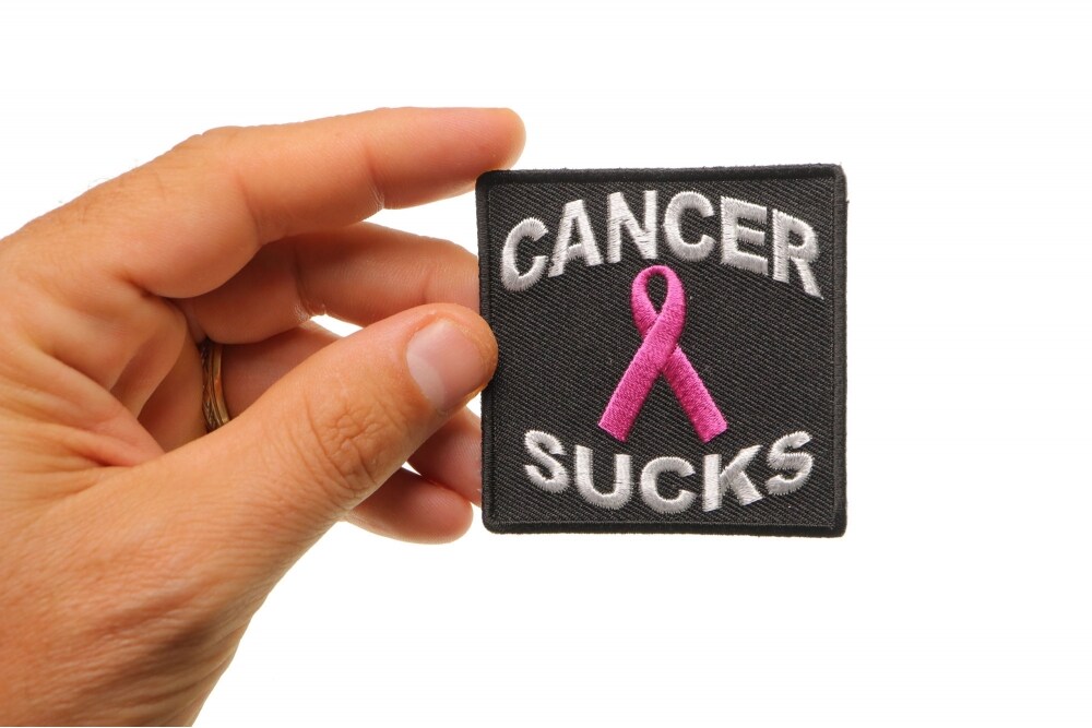 Patch, Embroidered Patch (Iron-On or Sew-On), Cancer Sucks (Breast Cancer Pink Ribbon), 2.5&#x22; x 2.5&#x22;
