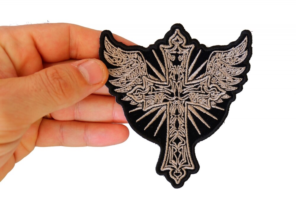 Patch, Embroidered Patch (Iron-On or Sew-On), Christian Cross With Wings Religion, 3.75&#x22; x 4.25&#x22;