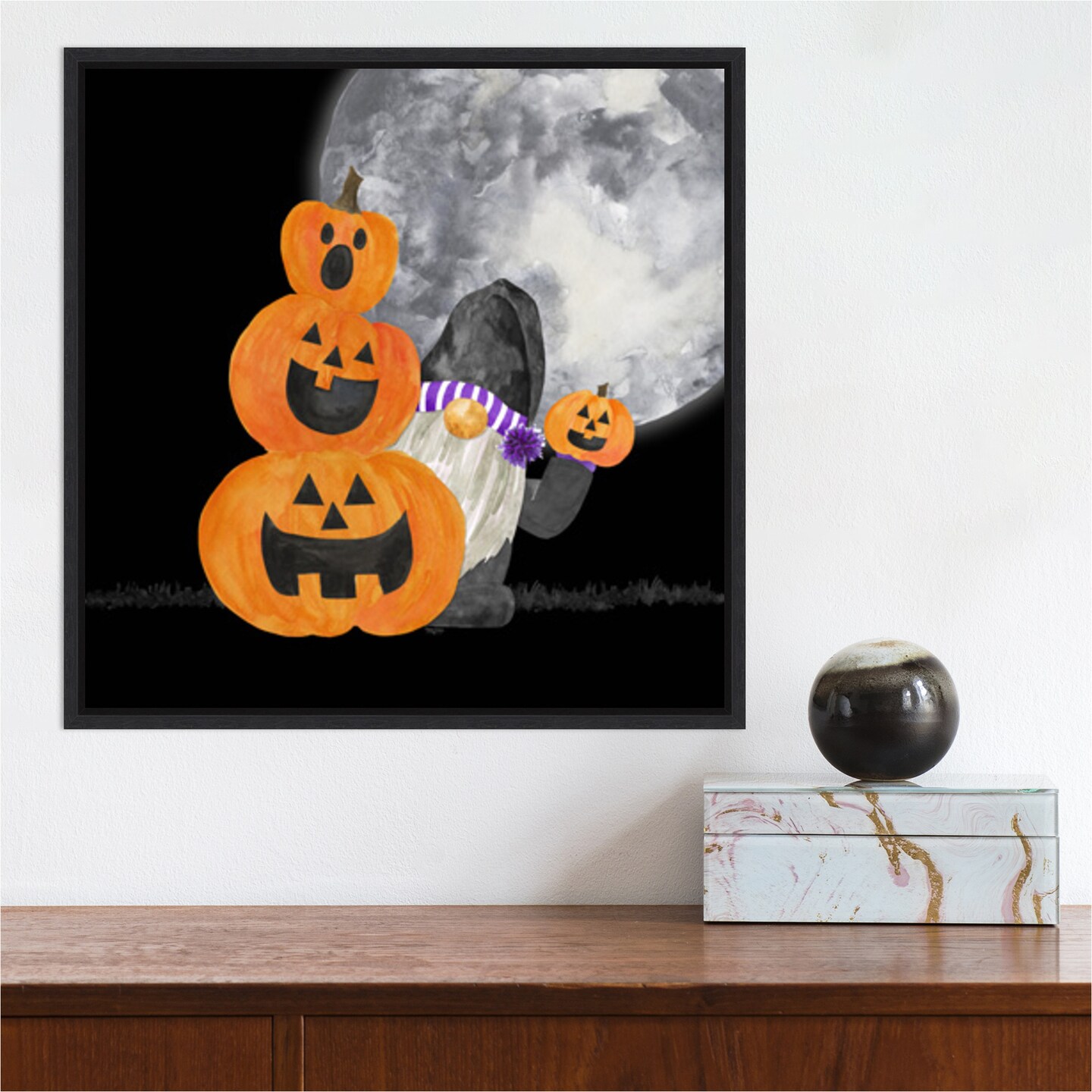 Gnomes of Halloween V-Pumpkins by Tara Reed 16-in. W x 16-in. H. Canvas Wall Art Print Framed in Black