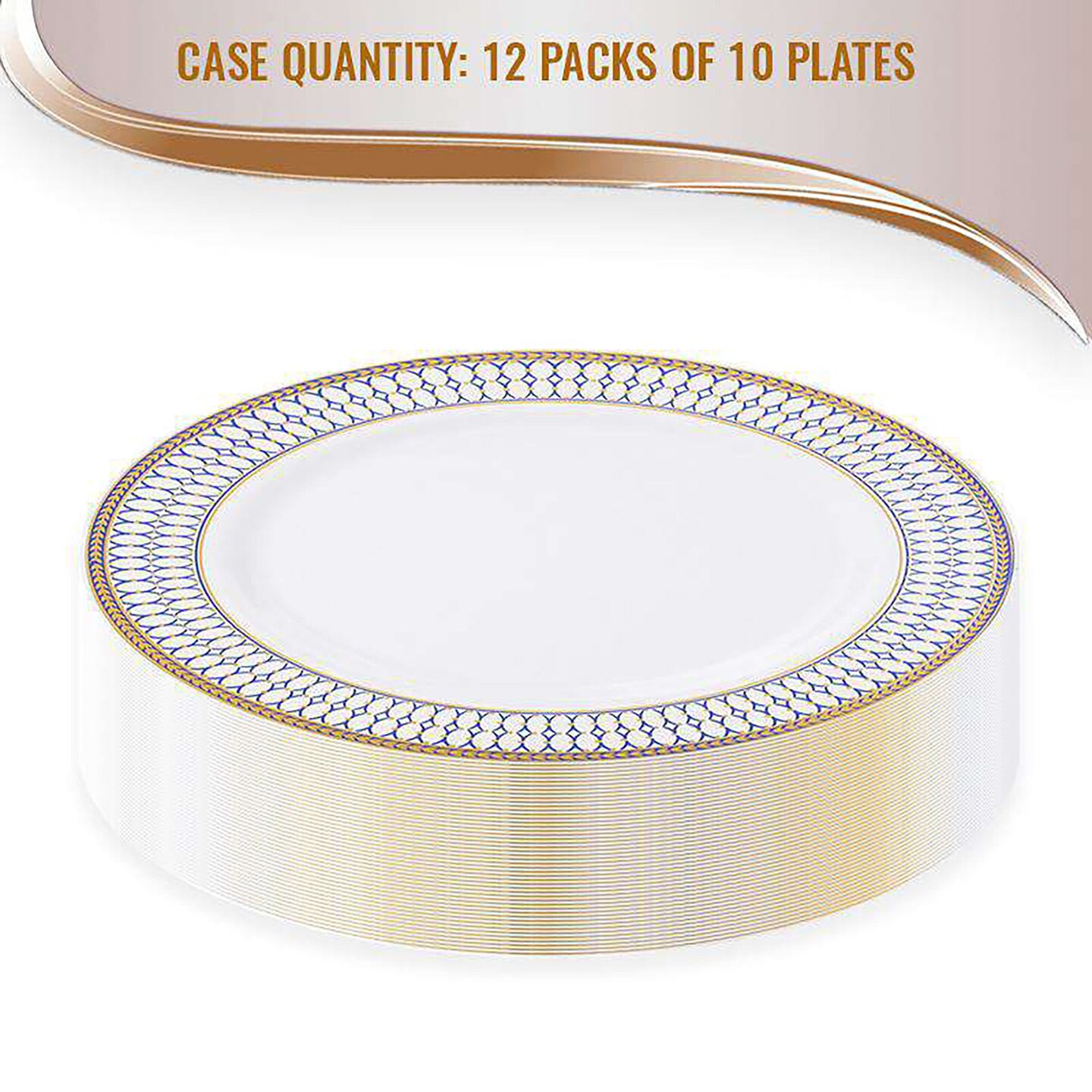 White with Blue and Gold Chord Rim Plastic Dinner Plates - 10.25&#x22; (120 Plates)