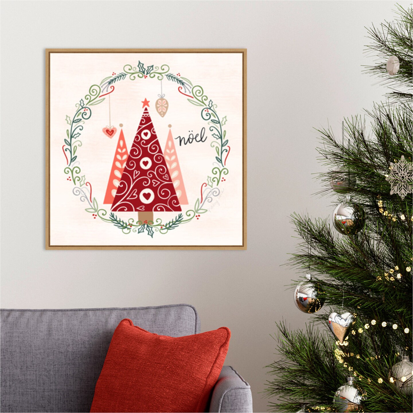 Hygge Christmas III by Noonday Design 22-in. W x 22-in. H. Canvas Wall Art Print Framed in Natural