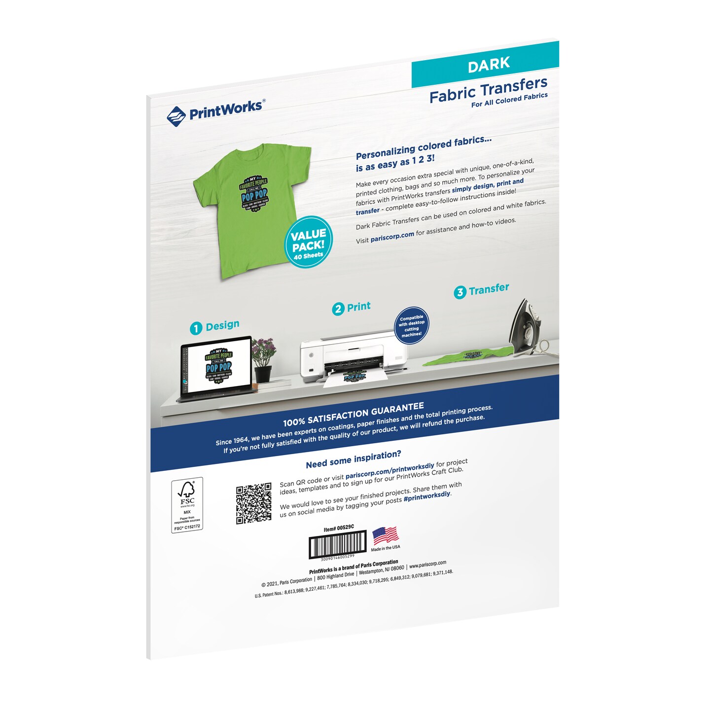 Printworks Dark T-Shirt Transfers for Inkjet Printers, 40 Sheet Value Pack, 8 ½” x 11” (00529C)