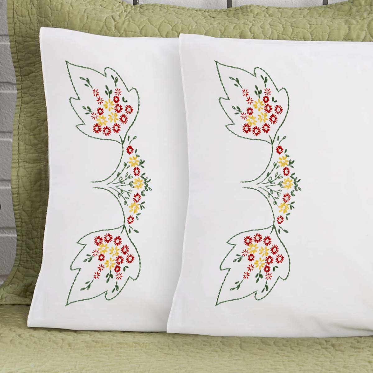 Herrschners Priscilla Pillowcase Pair Stamped Embroidery Embroidery
