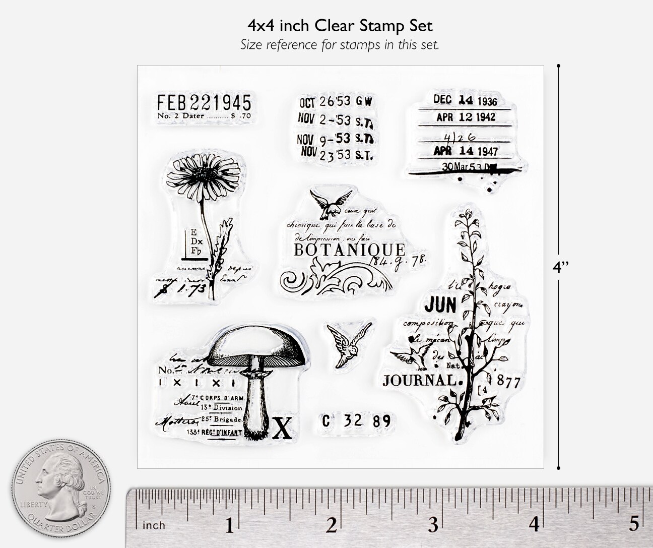 Botanique Vintage Style Small Clear Stamp Set 4x4 inch by Wintertime Crafts