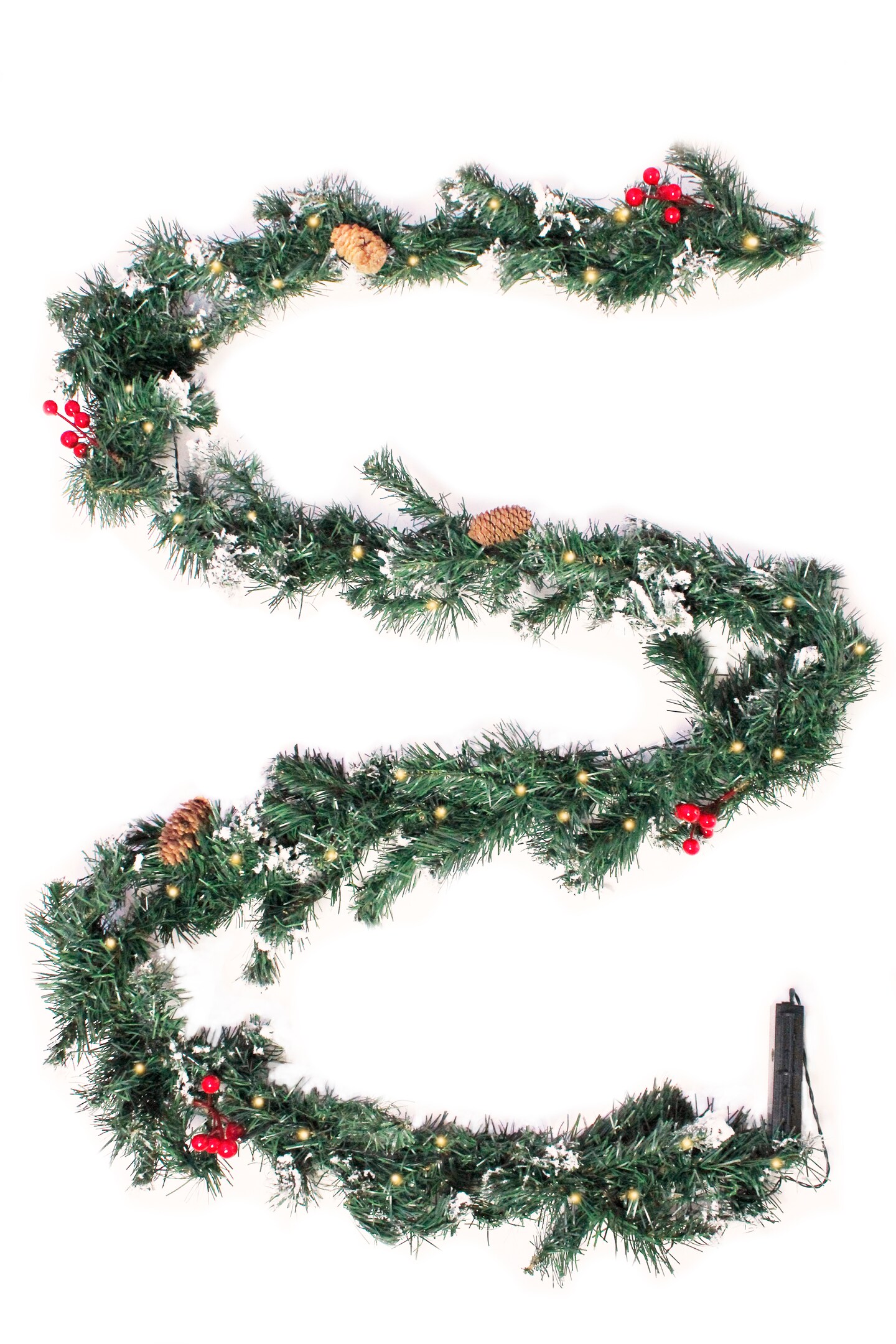 Perfect Holiday 9ft Pre-Lit Snow Flocked Garland with Pine Cones Berries