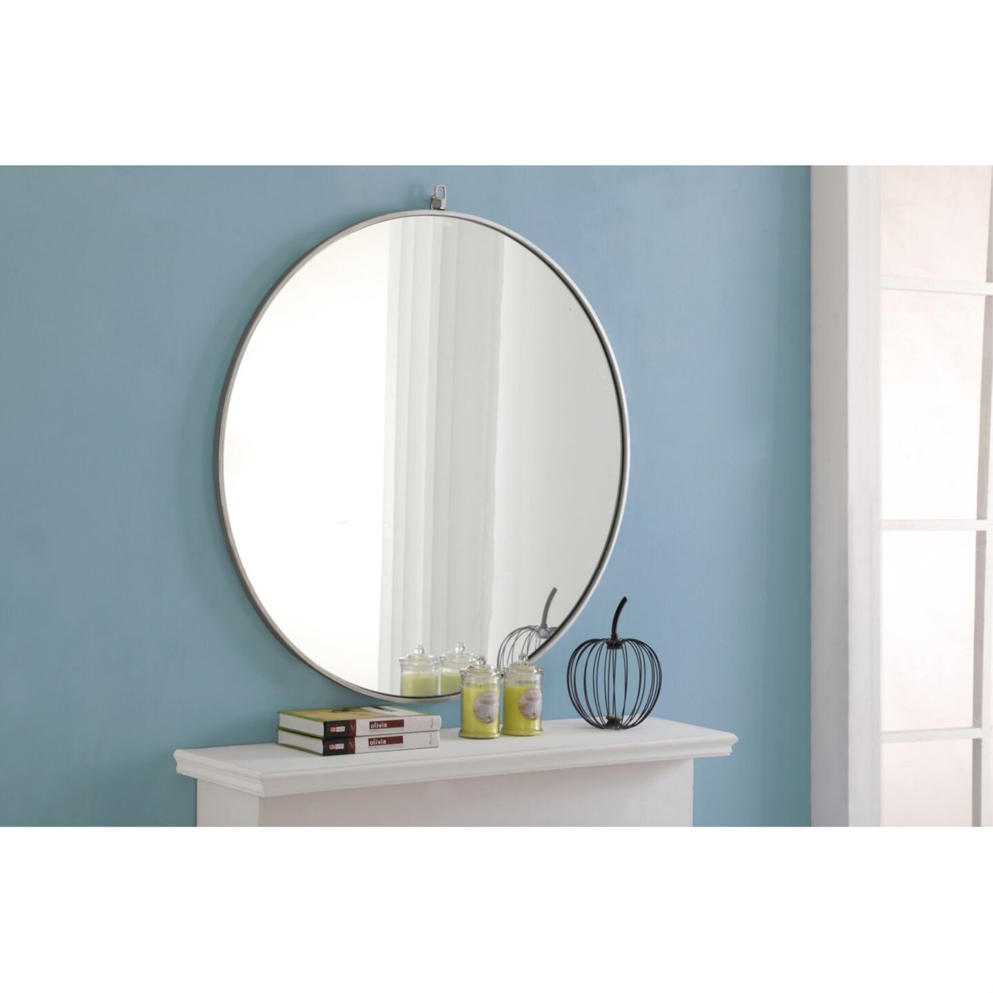 Metal frame Round Mirror with decorative hook 36 inch Silver finish