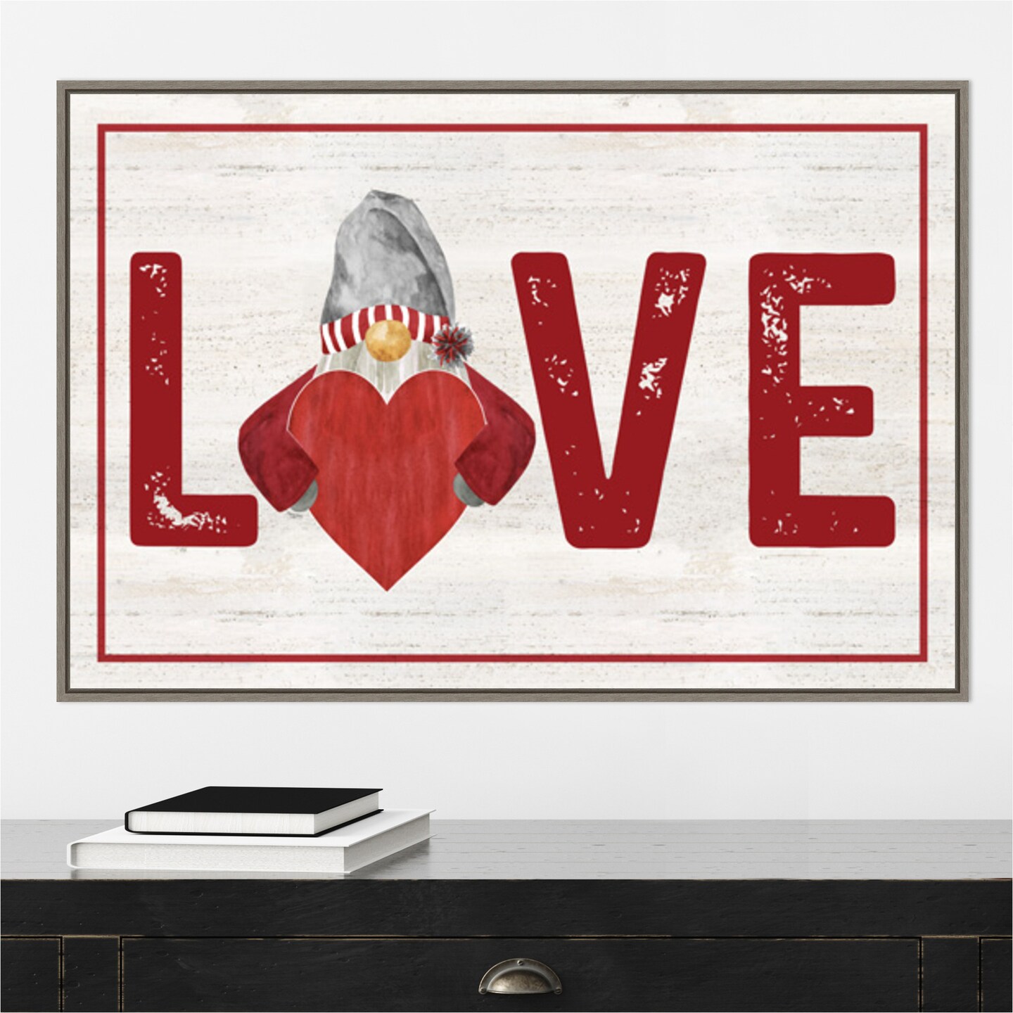 Valentine Gnomes Love by Tara Reed 33-in. W x 23-in. H. Canvas Wall Art Print Framed in Grey