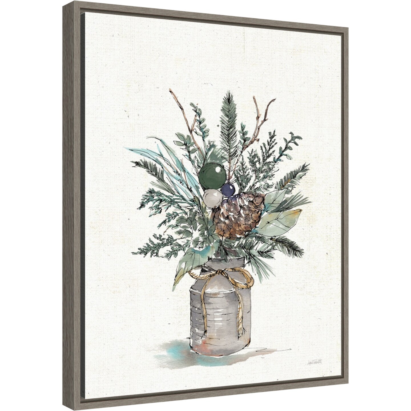 Seasonal Charm Greenery I (Christmas Vase) by Anne Tavoletti 16-in. W x 20-in. H. Canvas Wall Art Print Framed in Grey