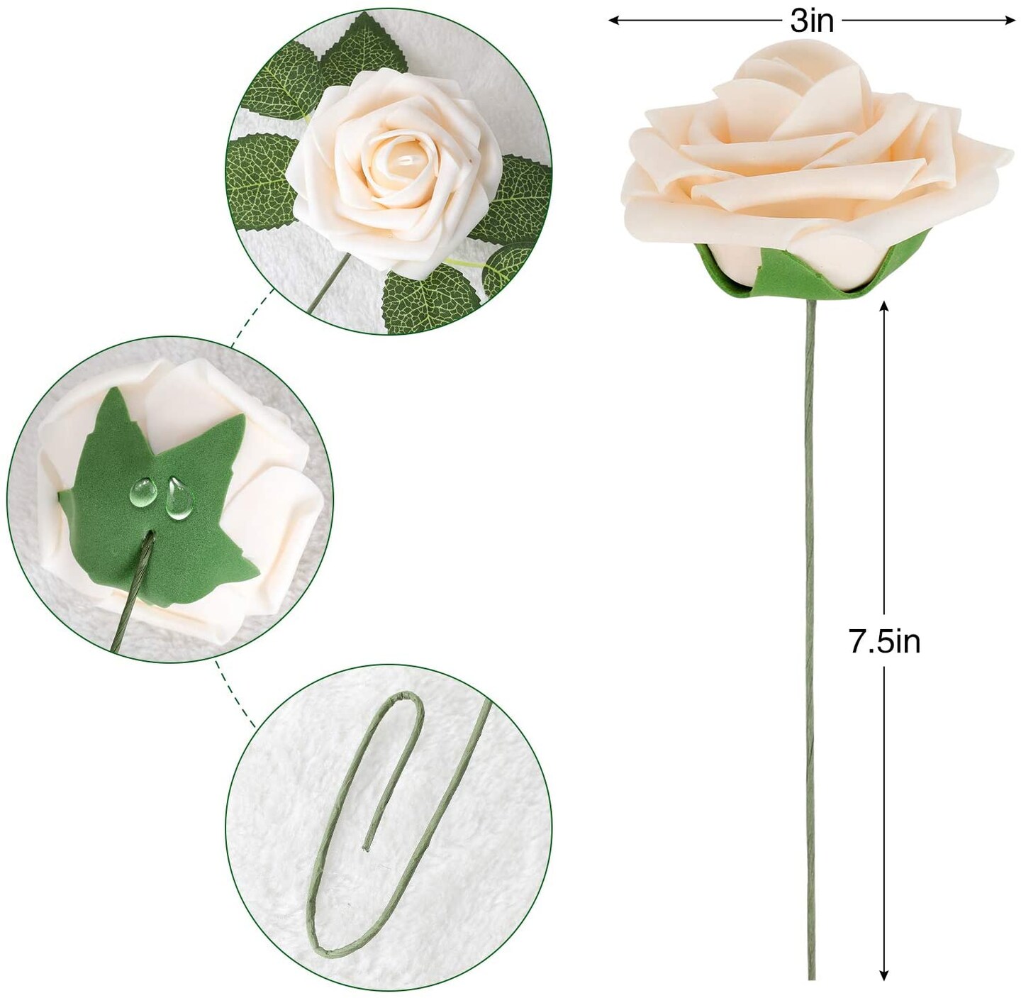 25pcs Fake Cream White Roses Artificial Rose Heads with Stems Lifelike Foam Flowers DIY Wedding Bouquets Wedding Party Decor