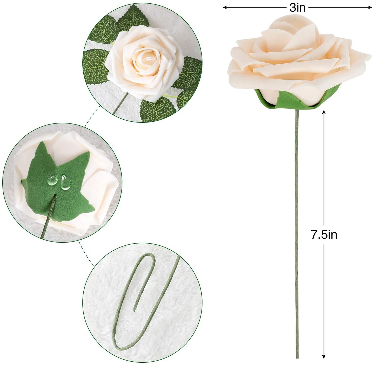 25pcs Fake Ivory White Roses Artificial Rose Heads with Stems Lifelike Foam Flowers DIY Wedding Bouquets Wedding Party Decor