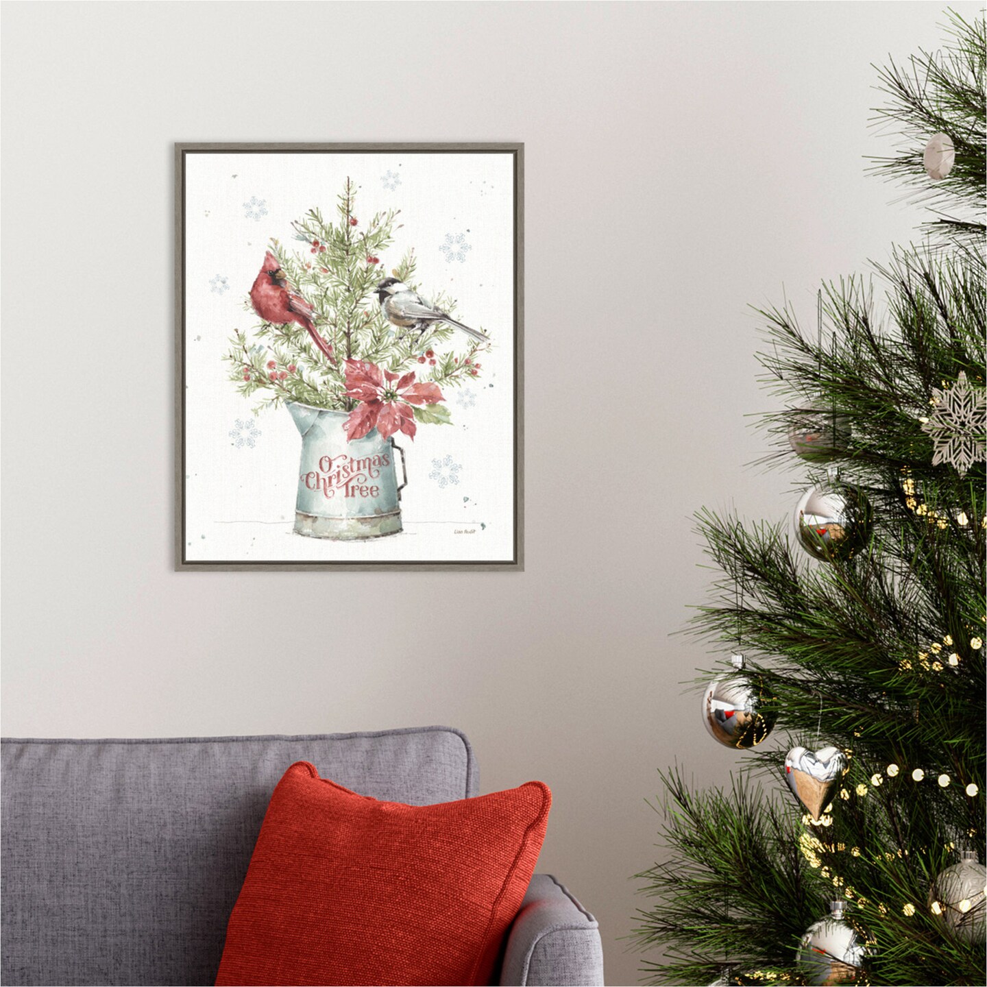 A Christmas Weekend II with Chickadee by Lisa Audit 16-in. W x 20-in. H. Canvas Wall Art Print Framed in Grey