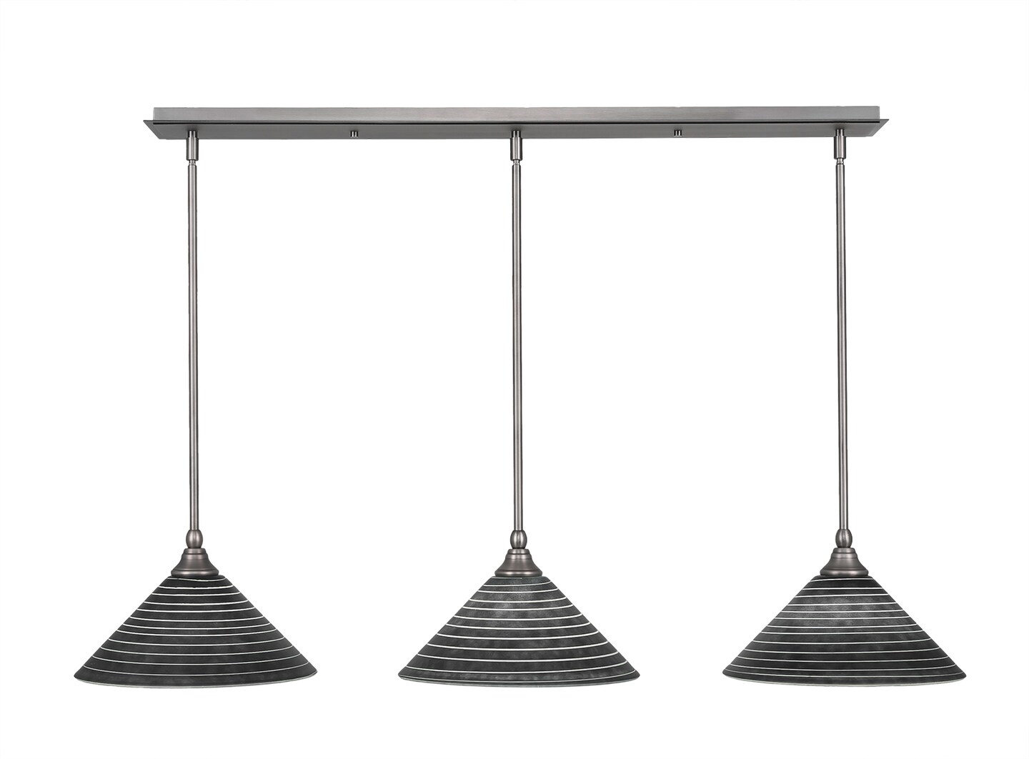3 Light Linear Pendalier With Hang Straight Swivels Shown In Brushed Nickel Finish With 12 Charcoal Spiral Glass