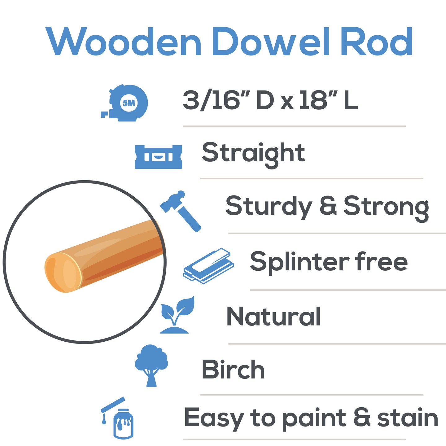 Wooden Dowel Rods 3/16 inch Thick, Multiple Lengths Available, Unfinished Sticks Crafts &#x26; DIY | Woodpeckers