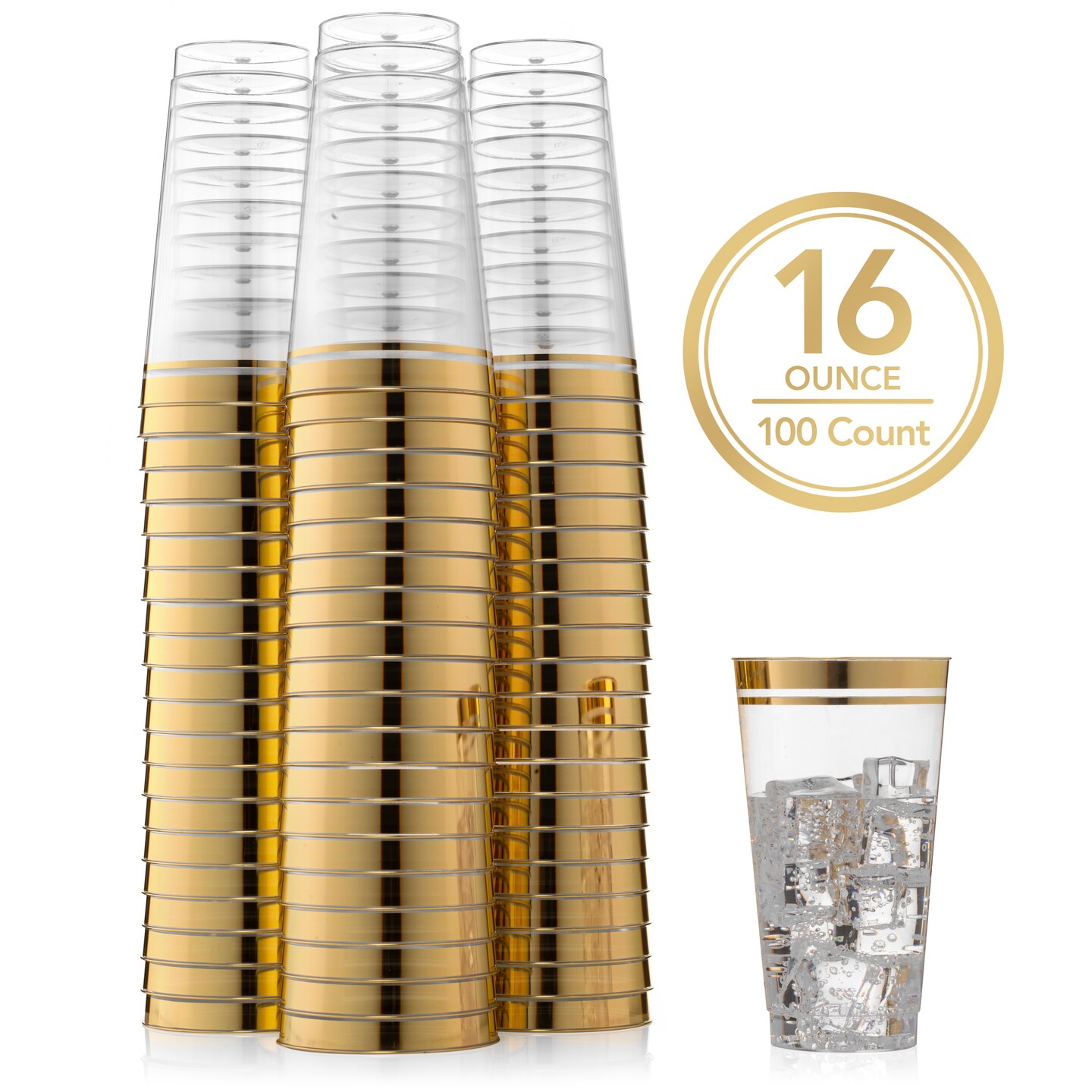 100 Pk 16 oz Clear Plastic Cups, Gold Rimmed Disposable Cups