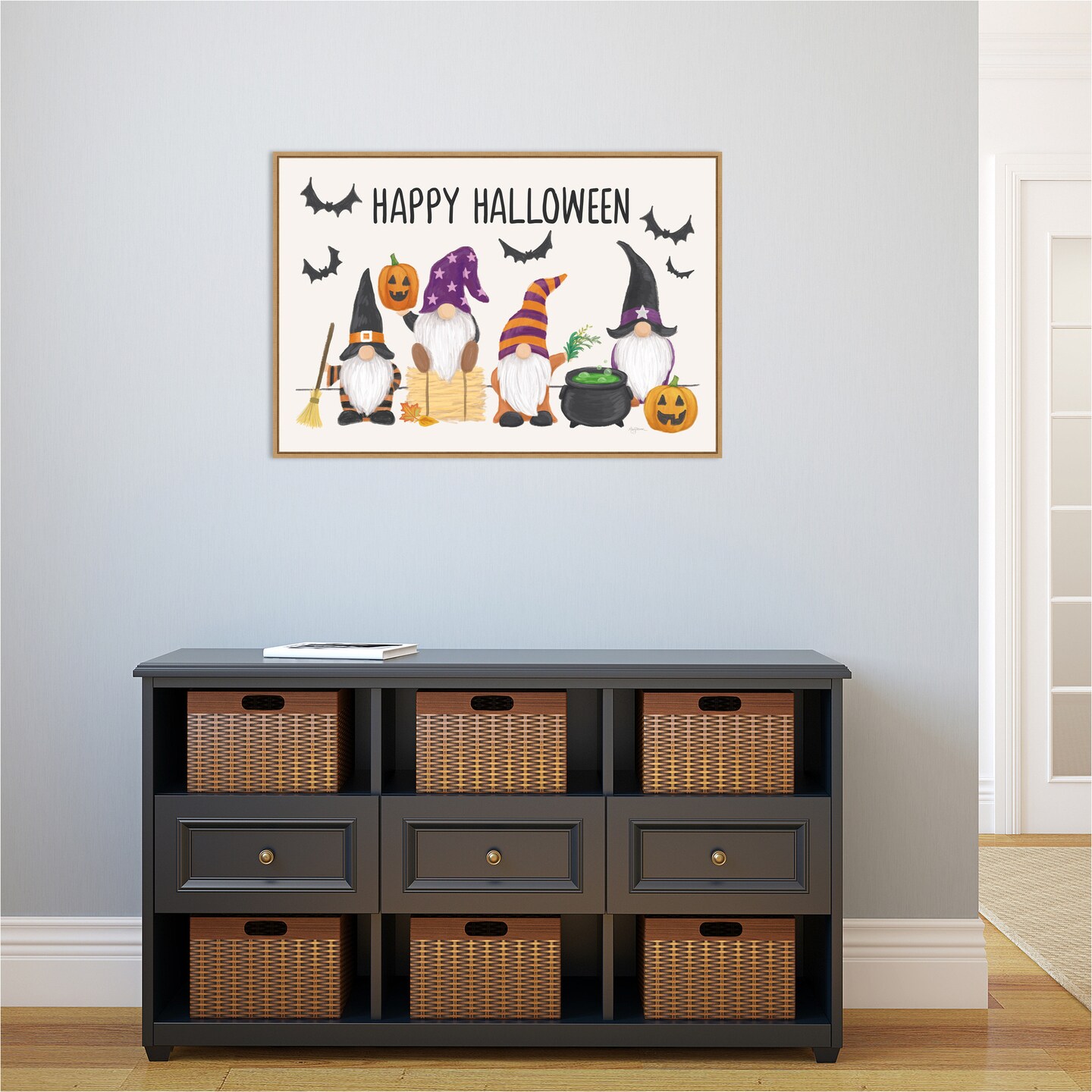 Halloween Gnomes I by Mary Urban 33-in. W x 23-in. H. Canvas Wall Art Print Framed in Natural