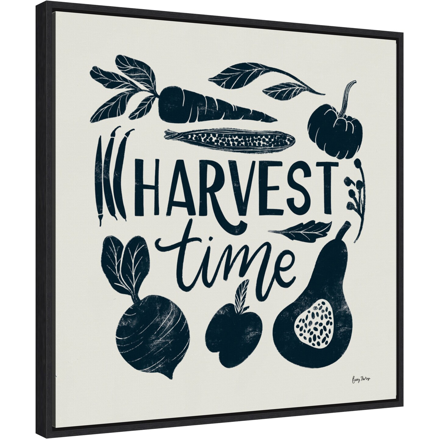 Harvest Lettering I Blue by Becky Thorns 22-in. W x 22-in. H. Canvas Wall Art Print Framed in Black