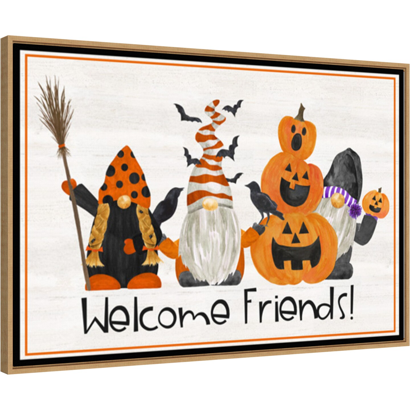 Gnomes of Halloween landscape II-Welcome Friends by Tara Reed 33-in. W x 23-in. H. Canvas Wall Art Print Framed in Natural