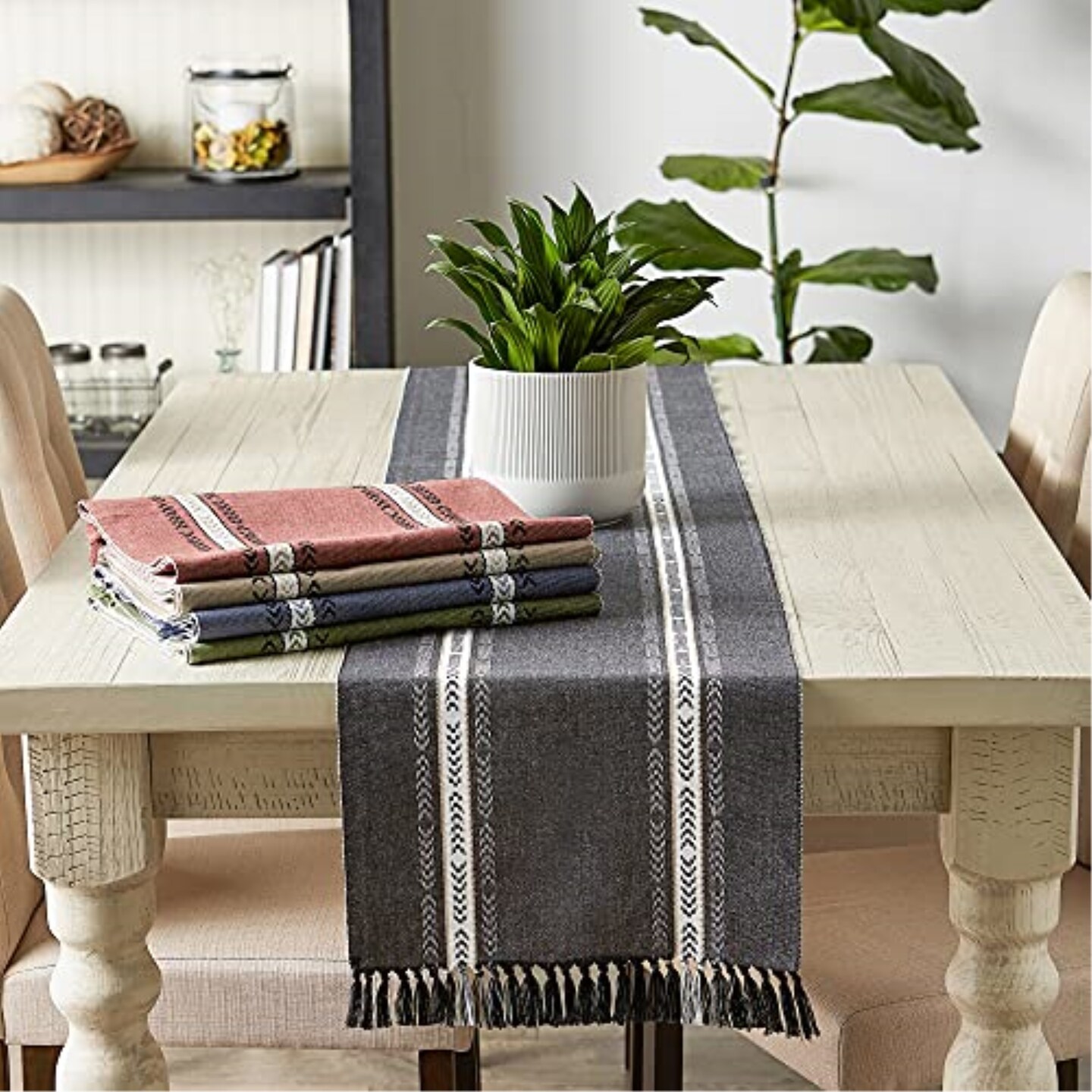 DII French Blue Dobby Striped Fringe Ribbed Table Runner 14x72