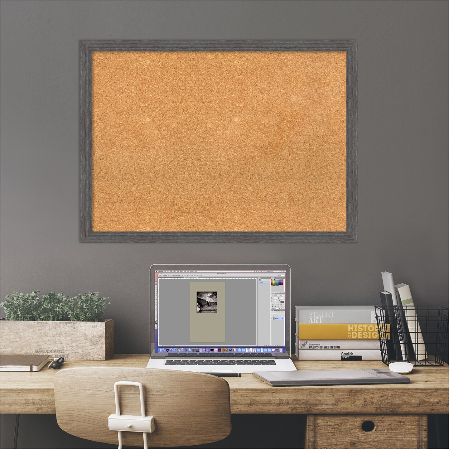 Cork Board, Pinstripe Plank Grey Thin Frame - Bulletin Board ...