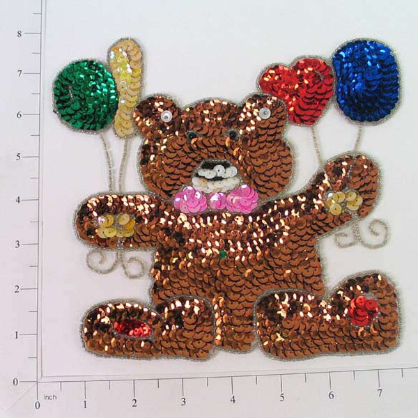 7 3/4&#x22; x 7 1/2&#x22; Teddy Bear with Balloons Sequin Applique/Patch
