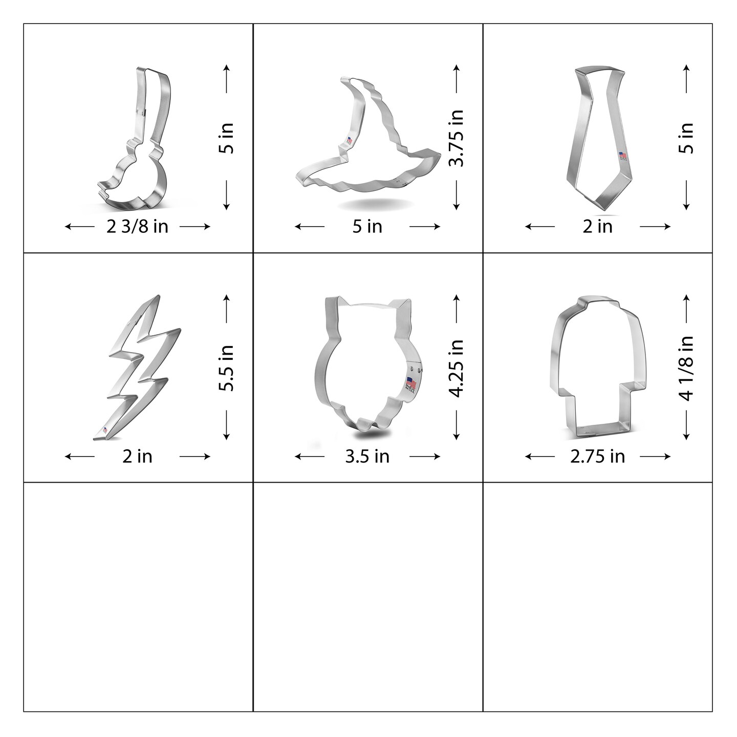 CookieCutter.com 6 Piece Halloween Wizard Cookie Cutter Set Wizard Broom, Neck Tie, Hat, Lab Coat, Chubby Owl, Lightning Bolt, Metal Shapes Made in USA, Silver