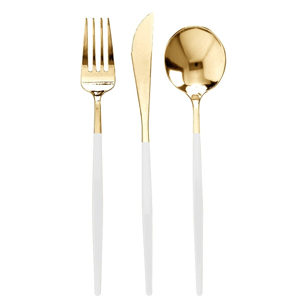 Gold with White Handle Moderno Disposable Plastic Cutlery Set - Spoons,  Forks and Knives (240 Guests)