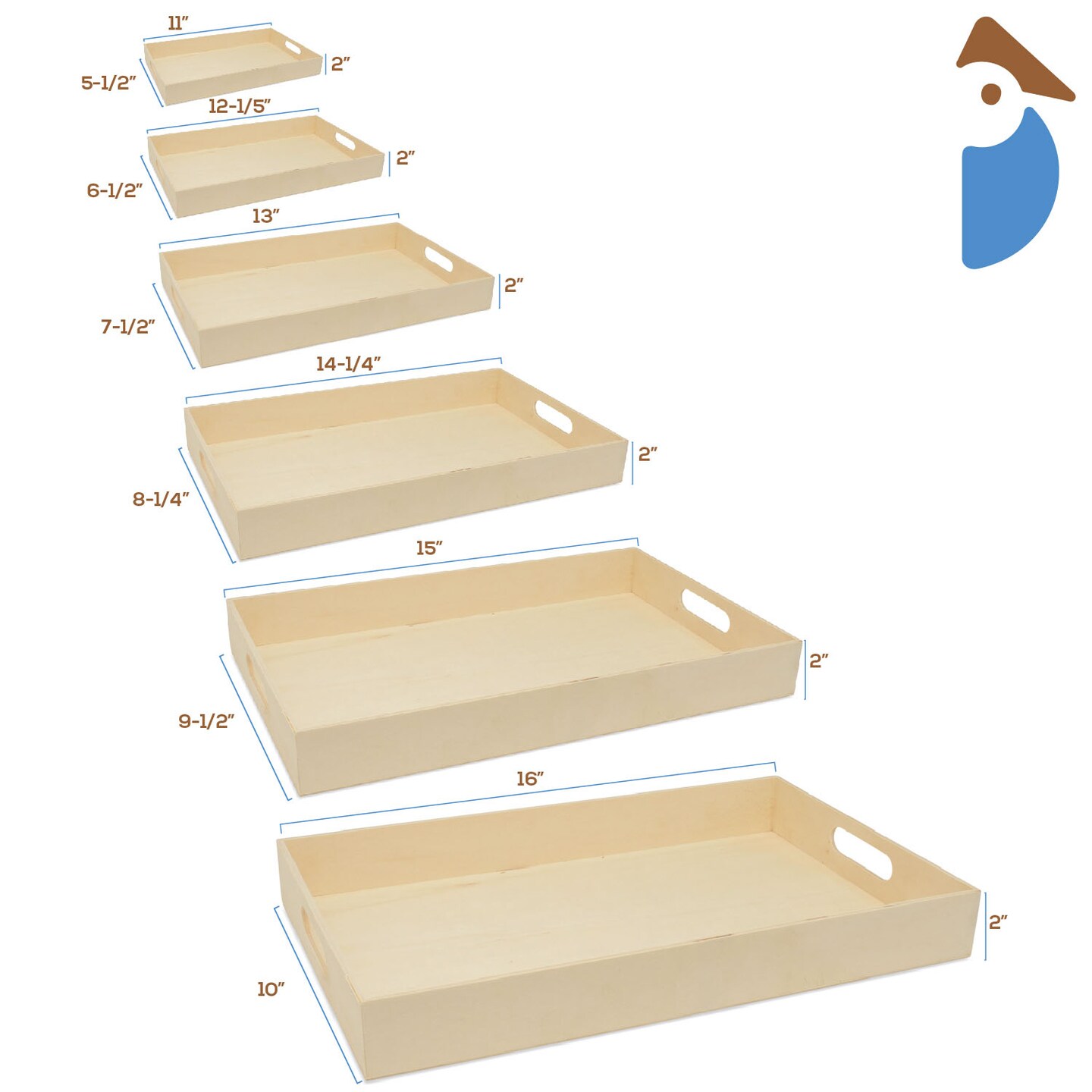 Unfinished Wood Nesting Trays, with Handles and without Handles, 6-set, Crafts &#x26; Home | Woodpeckers