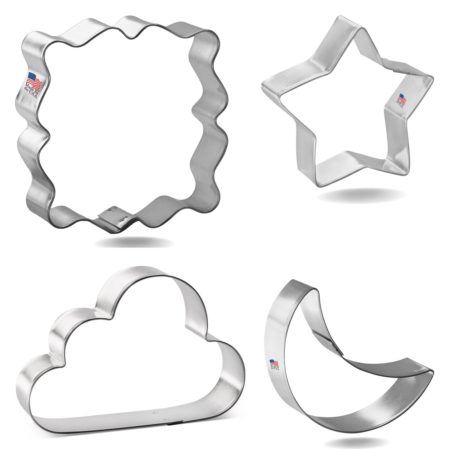 CookieCutter.com 4 Piece Baby Nursery Twinkle Little Star Cookie Cutter Set Crescent Moon, Clouds, Star, Fancy Square Plaque, USA