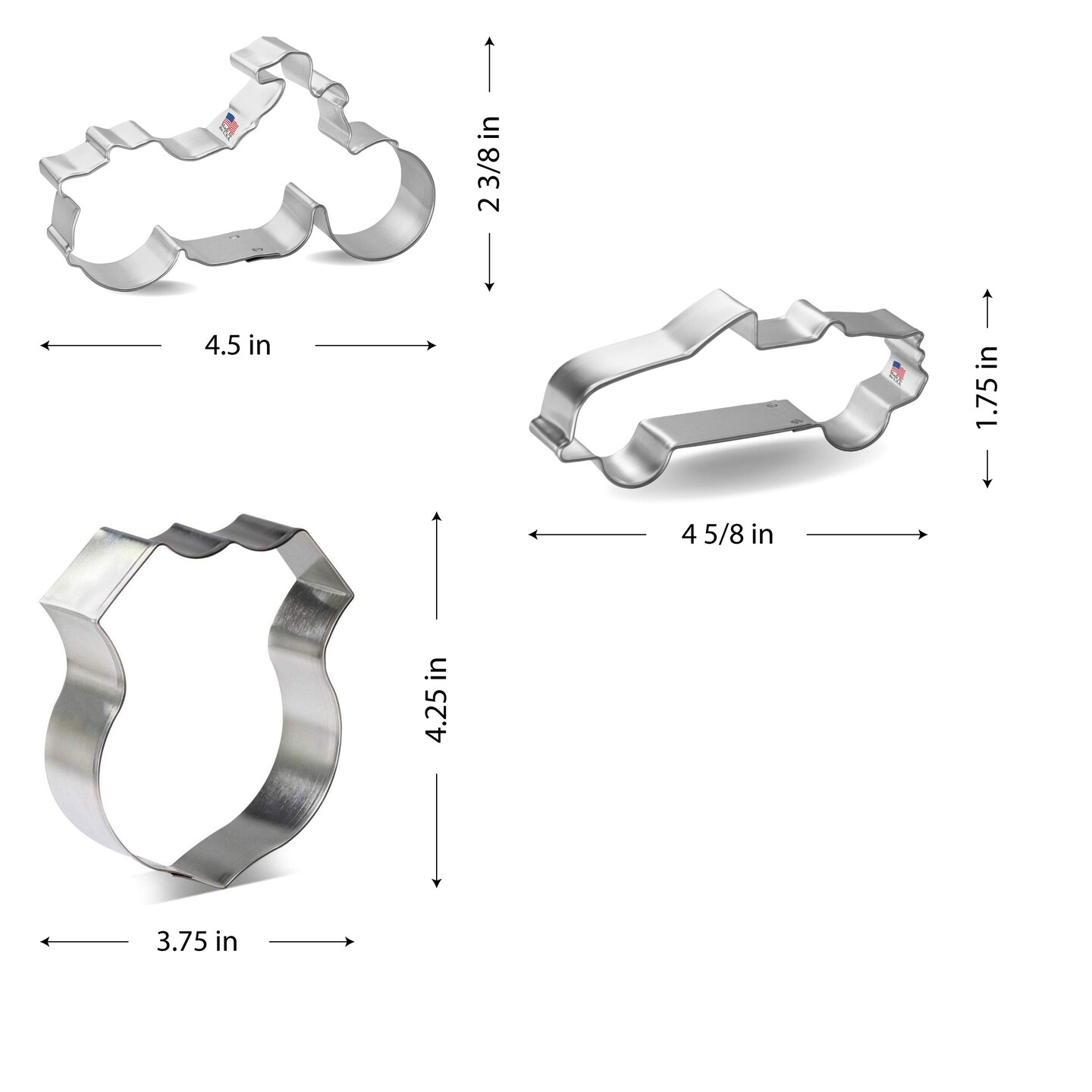 CookieCutter.com 3 Piece Road Trip Route 66 Cookie Cutter Set Police Badge, Convertible Car, Motorcycle, Metal Shapes Made in USA, Silver