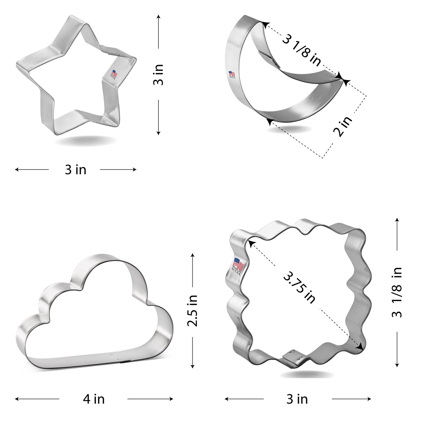 CookieCutter.com 4 Piece Baby Nursery Twinkle Little Star Cookie Cutter Set Crescent Moon, Clouds, Star, Fancy Square Plaque, USA