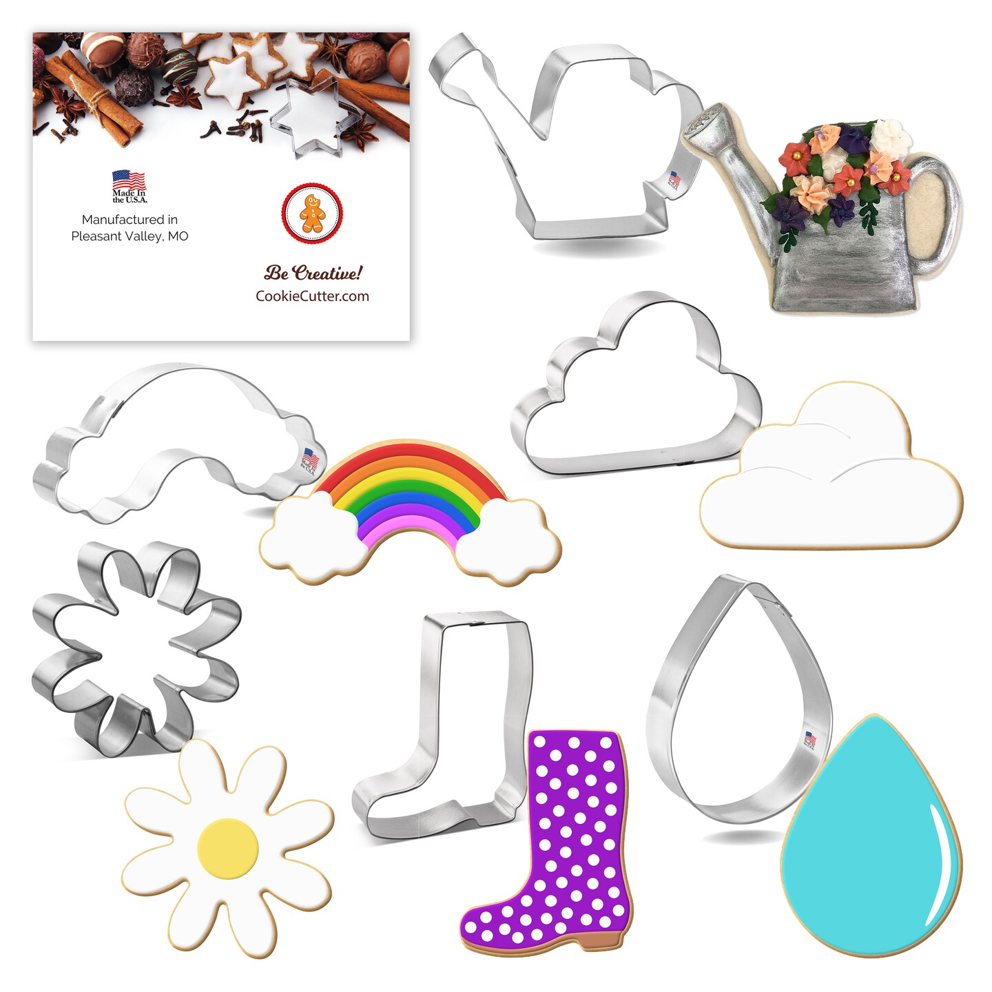 Spring Cookie Cutter Set 6 Piece Daisy, Rainbow, Clouds, Rainboot, Rain Drop, CookieCutter.com, USA