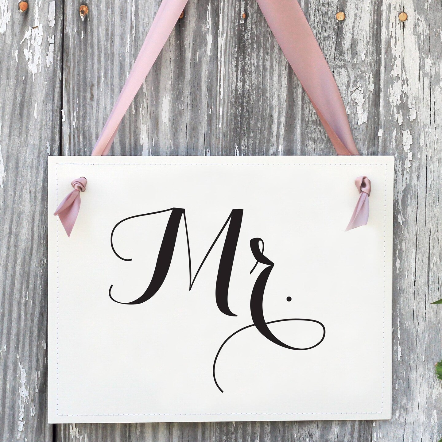 Ritzy Rose Mr. and Mrs. Chair signs - Black on 11x8in White Linen Cardstock with Blush Pink Ribbon