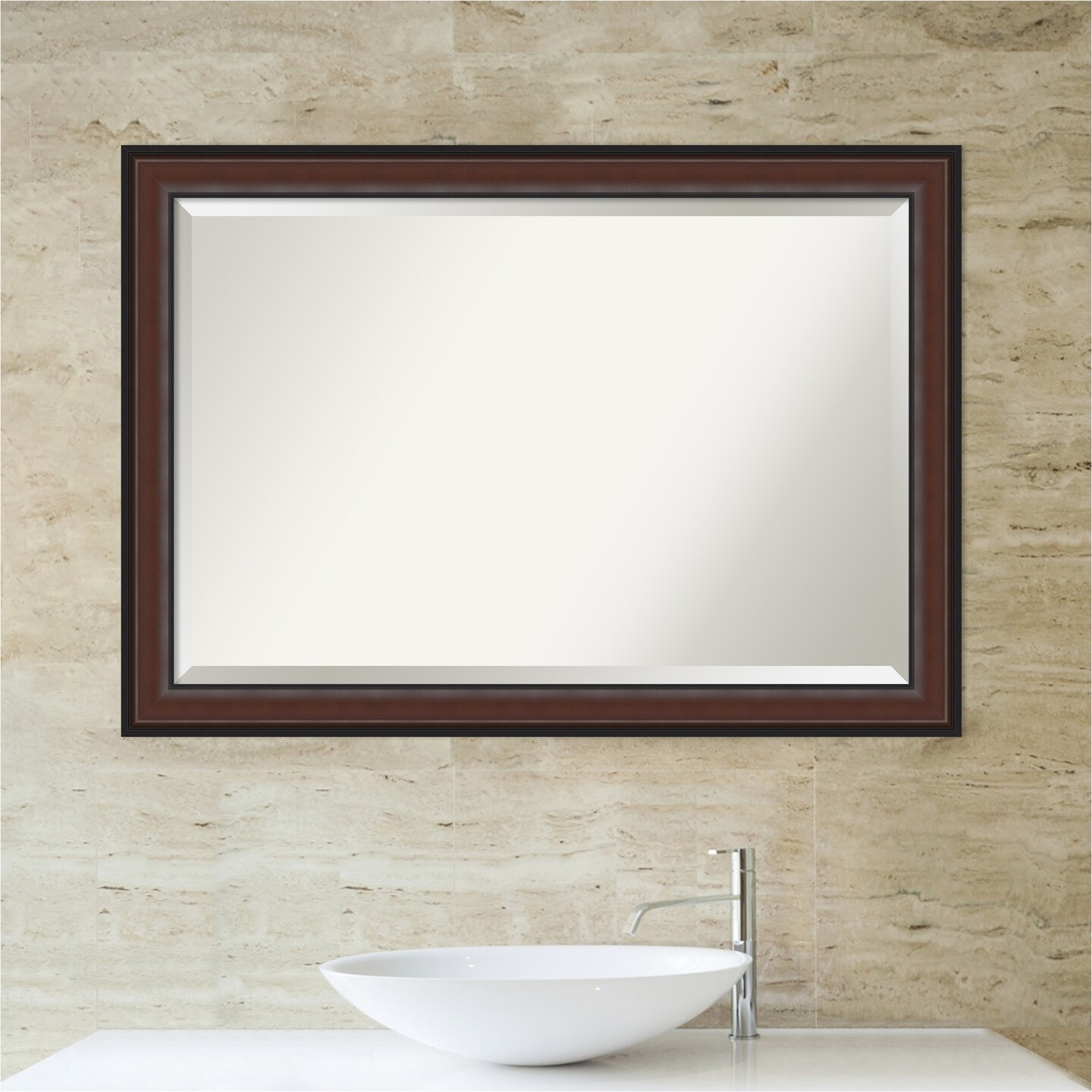 Beveled Bathroom Wall Mirror, Harvard Walnut Frame