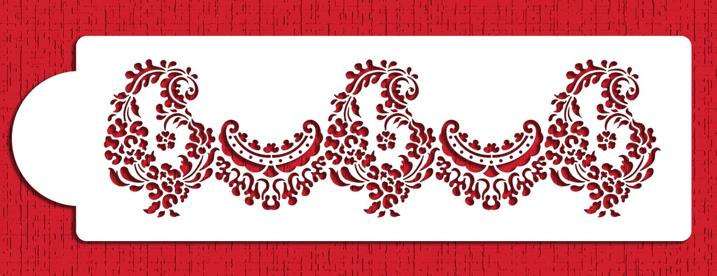 Alencon Lace Cake Stencil Bottom Tier | C373 by Designer Stencils | Cake Decorating Tools | Baking Stencils for Royal Icing, Airbrush, Dusting Powder | Reusable Plastic Food Grade Stencil for Cakes | Easy to Use & Clean Cake Stencil