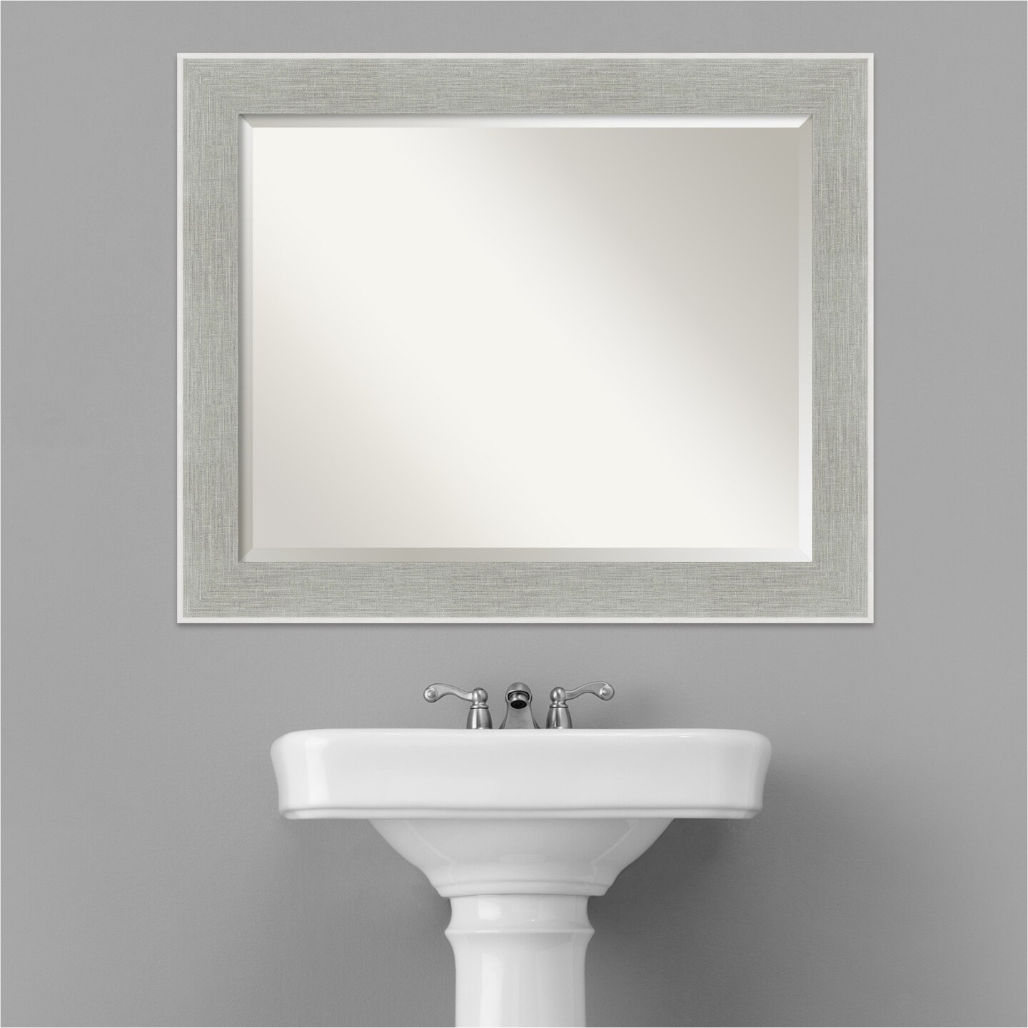 Beveled Bathroom Wall Mirror, Glam Linen Grey Frame