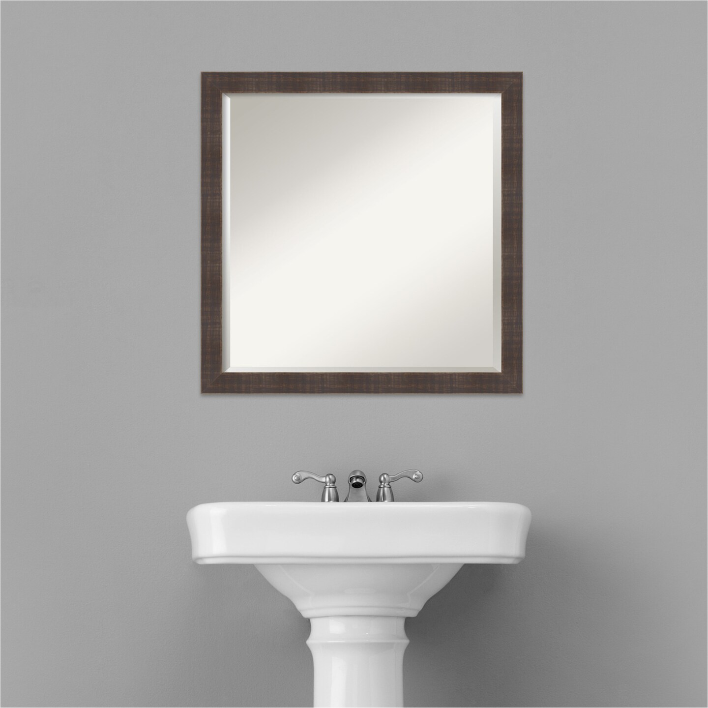 Beveled Wood Bathroom Wall Mirror, Whiskey Brown Rustic Frame