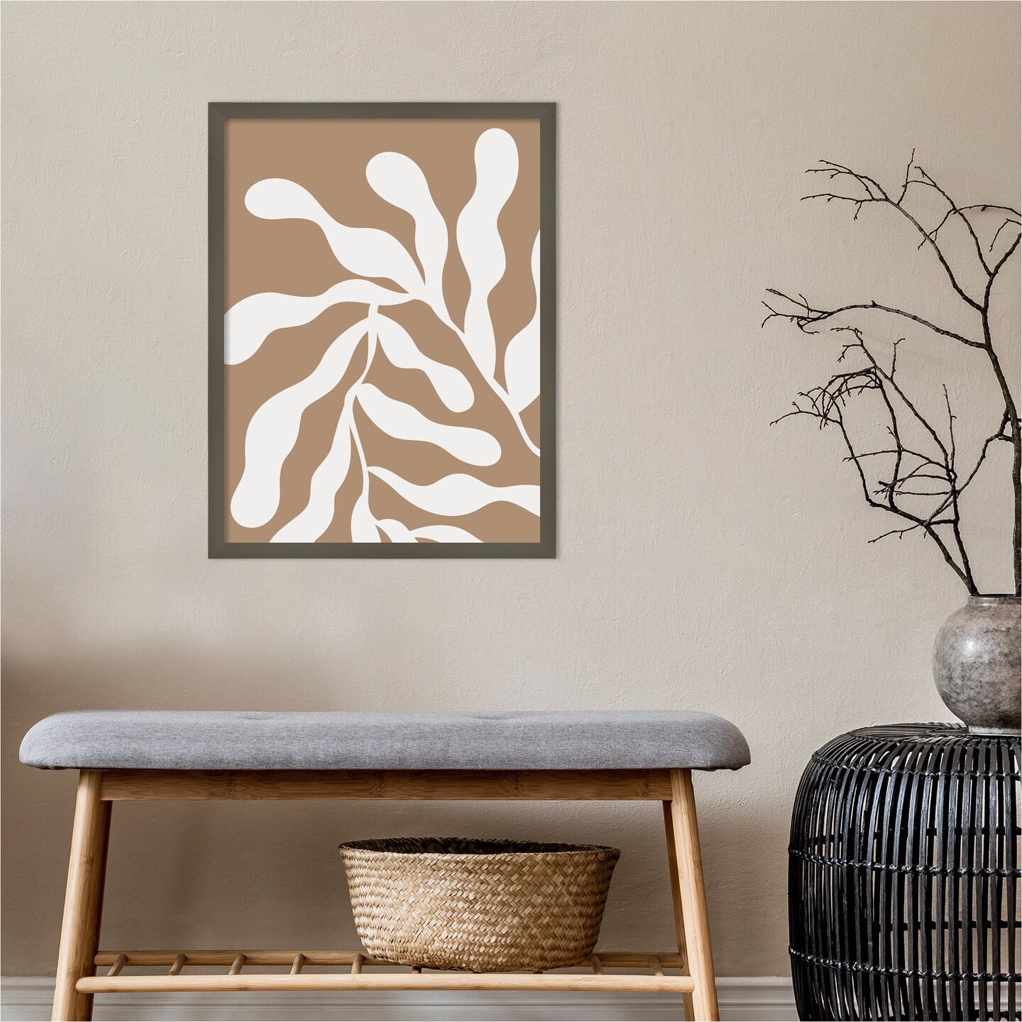 Retro Matisse Inspired Abstract Botanical 1 Beige by The Creative Bunch Studio Wood Framed Wall Art Print