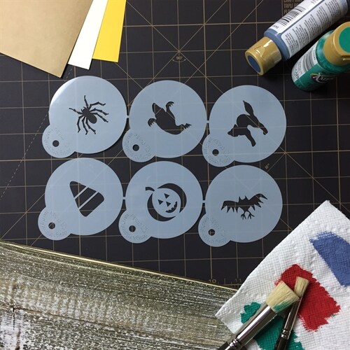 Halloween Cookie &#x26; Cupcake Stencil Set: Cat, Candy Corn, Spider, Ghost, Bat, Pumpkin | C065 by Designer Stencils | Cookie Decorating Tools | Baking Stencils for Royal Icing, Airbrush, Dusting Powder | Reusable Food Grade Stencil | Easy to Use &#x26; Clean