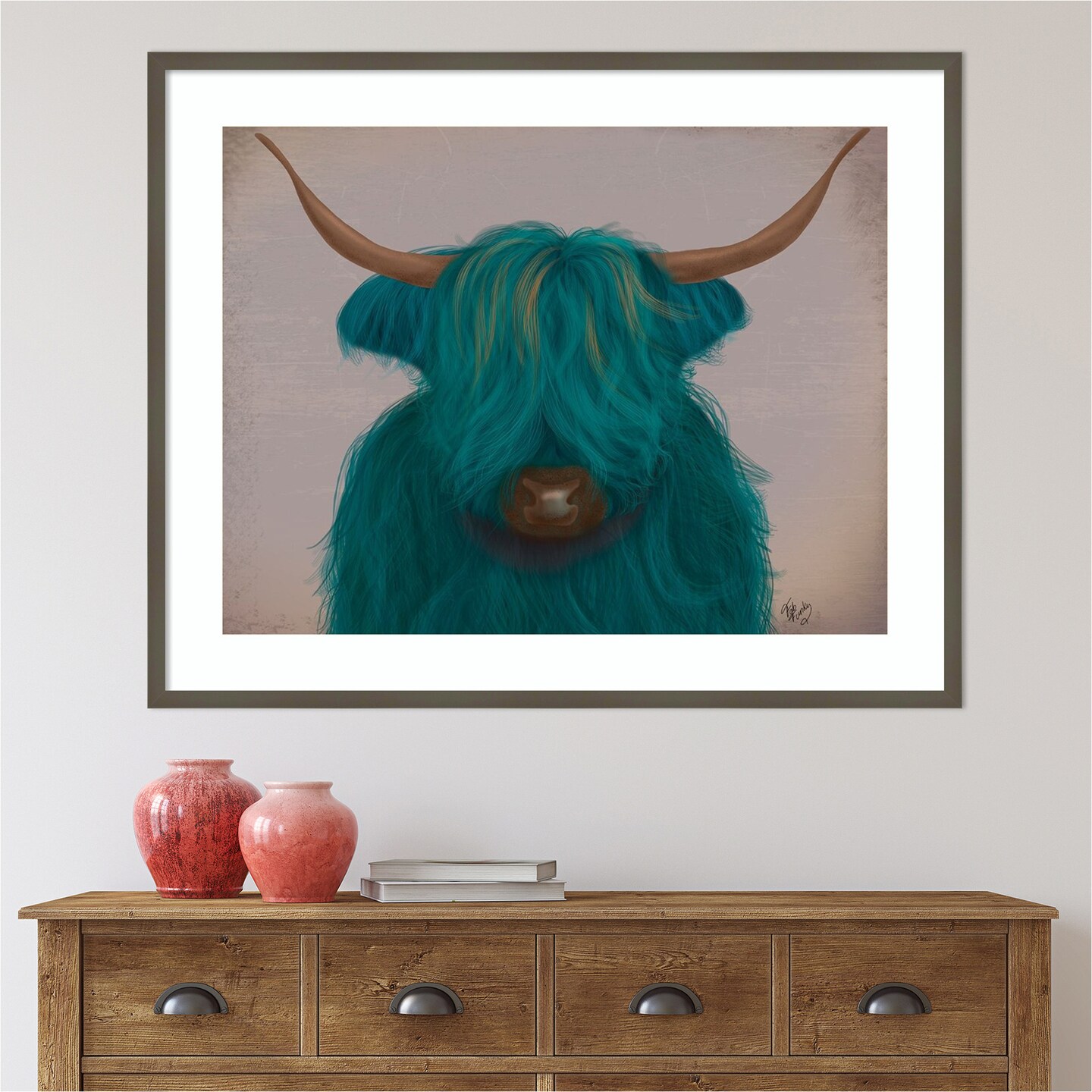 Highland Cow Portrait 3 by Fab Funky Wood Framed Wall Art Print 41 in. W x 33 in. H