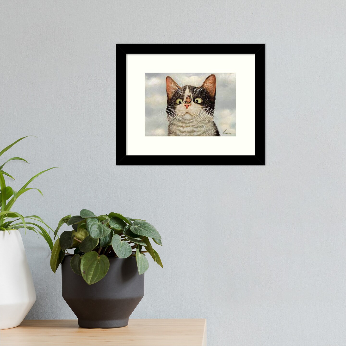Hugo Hege Cat and Butterfly by Lowell Herrero Wood Framed Wall Art Print 11 in. W x 9 in. H