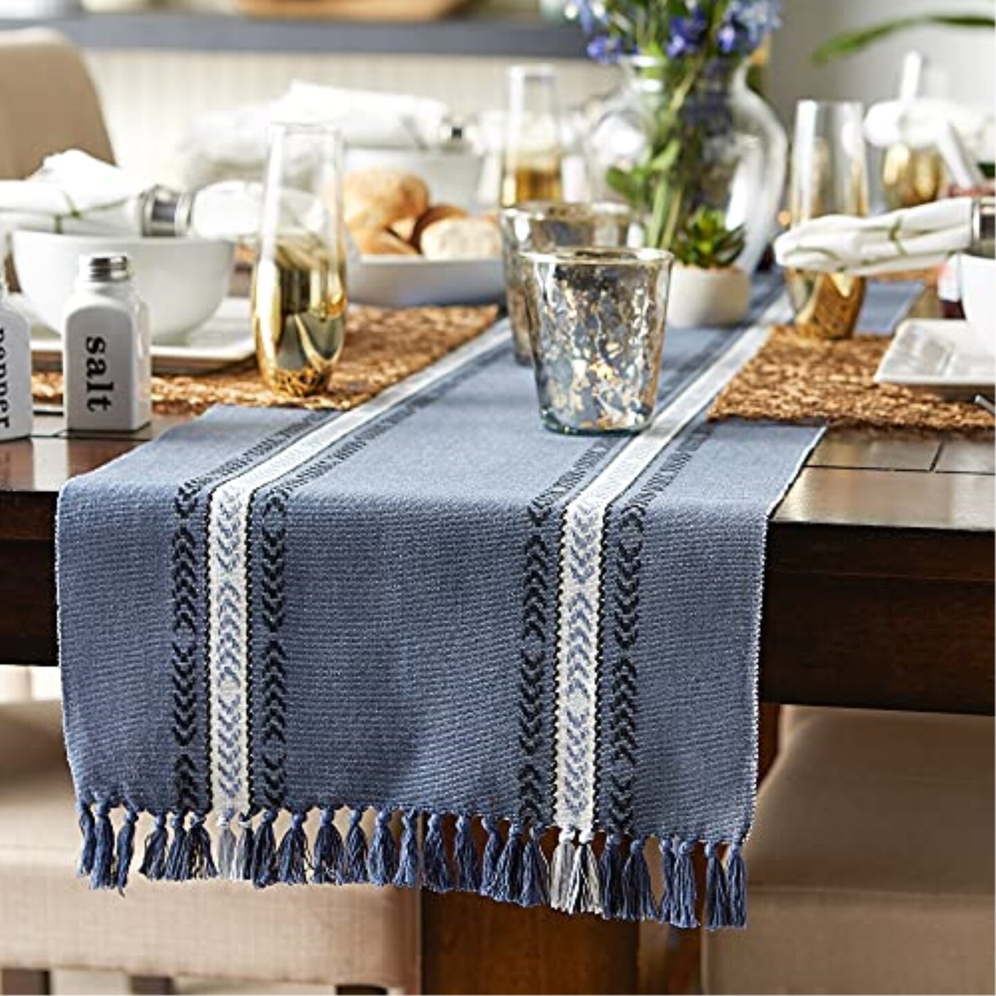 DII French Blue Dobby Striped Fringe Ribbed Table Runner 14x72