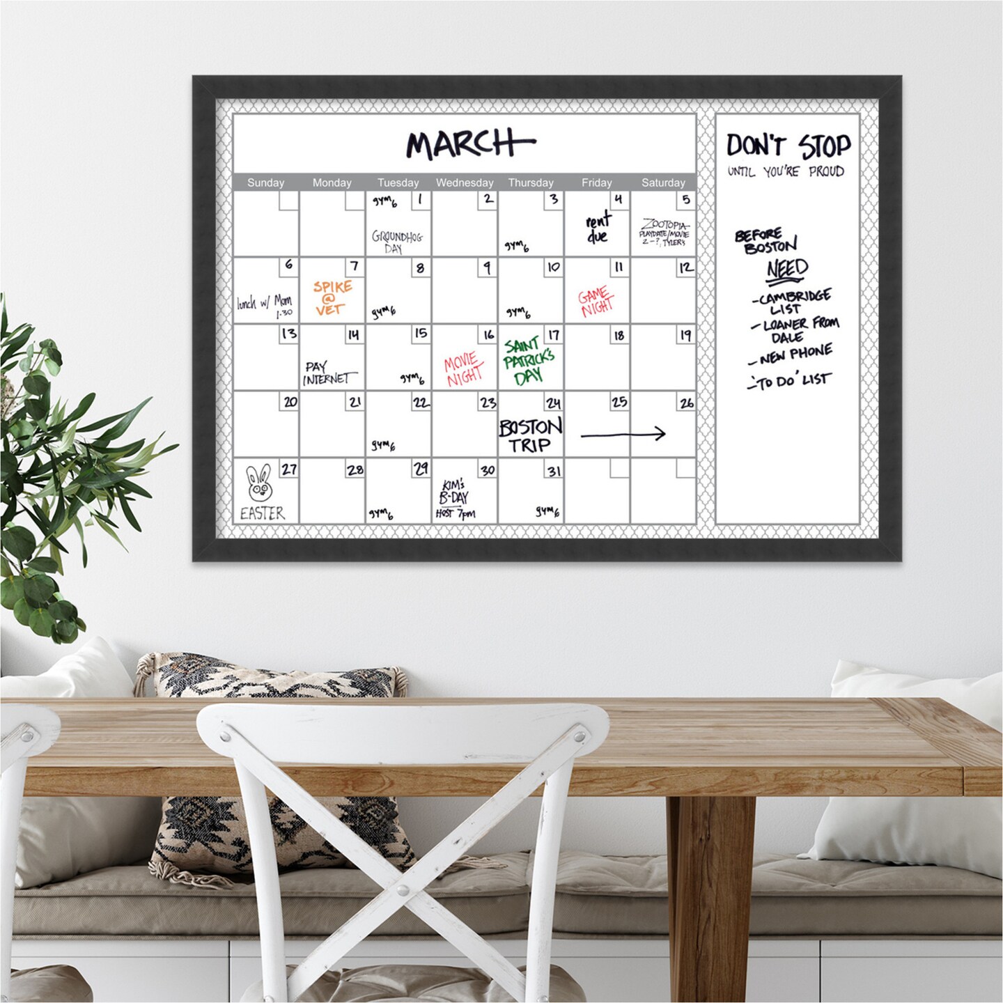 Glass Dry Erase Board Extra Large, Grey Quatrefoil Calendar Framed
