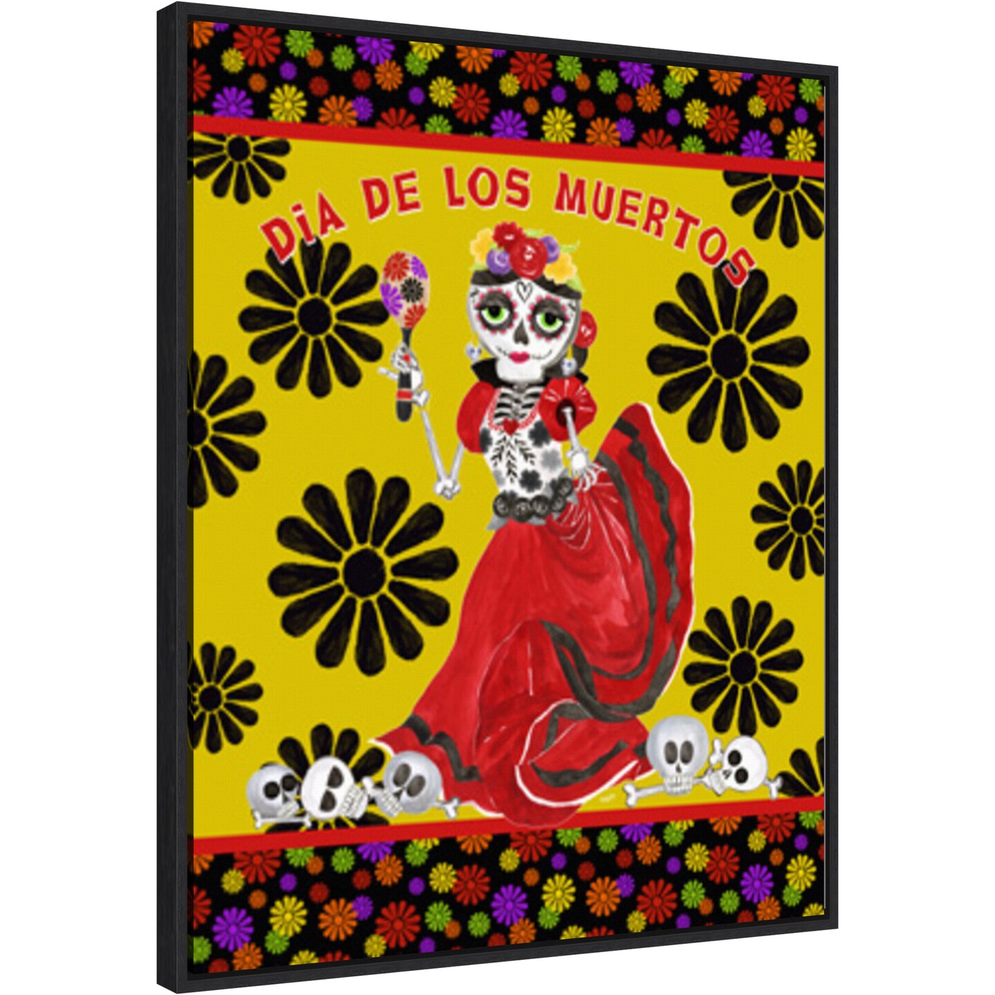 Day of the Dead portrait III-Dancing Woman gold &#x26; black by Tara Reed 23-in. W x 28-in. H. Canvas Wall Art Print Framed in Black