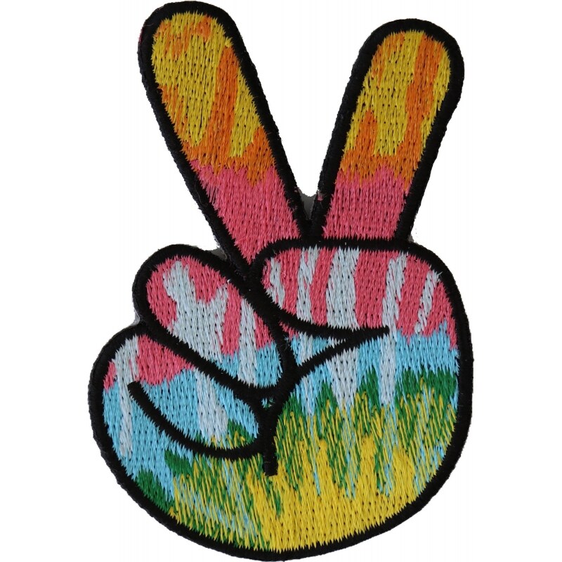 Patch, Embroidered Patch (Iron-On or Sew-On), Colorful Tie Dye Peace Fingers Hand Sign, 2&#x22; x 3&#x22;
