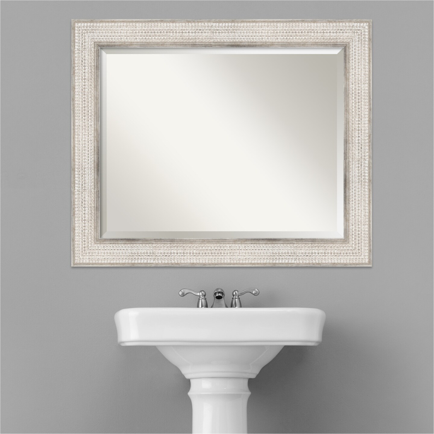 Beveled Wood Bathroom Wall Mirror, Trellis Silver Frame