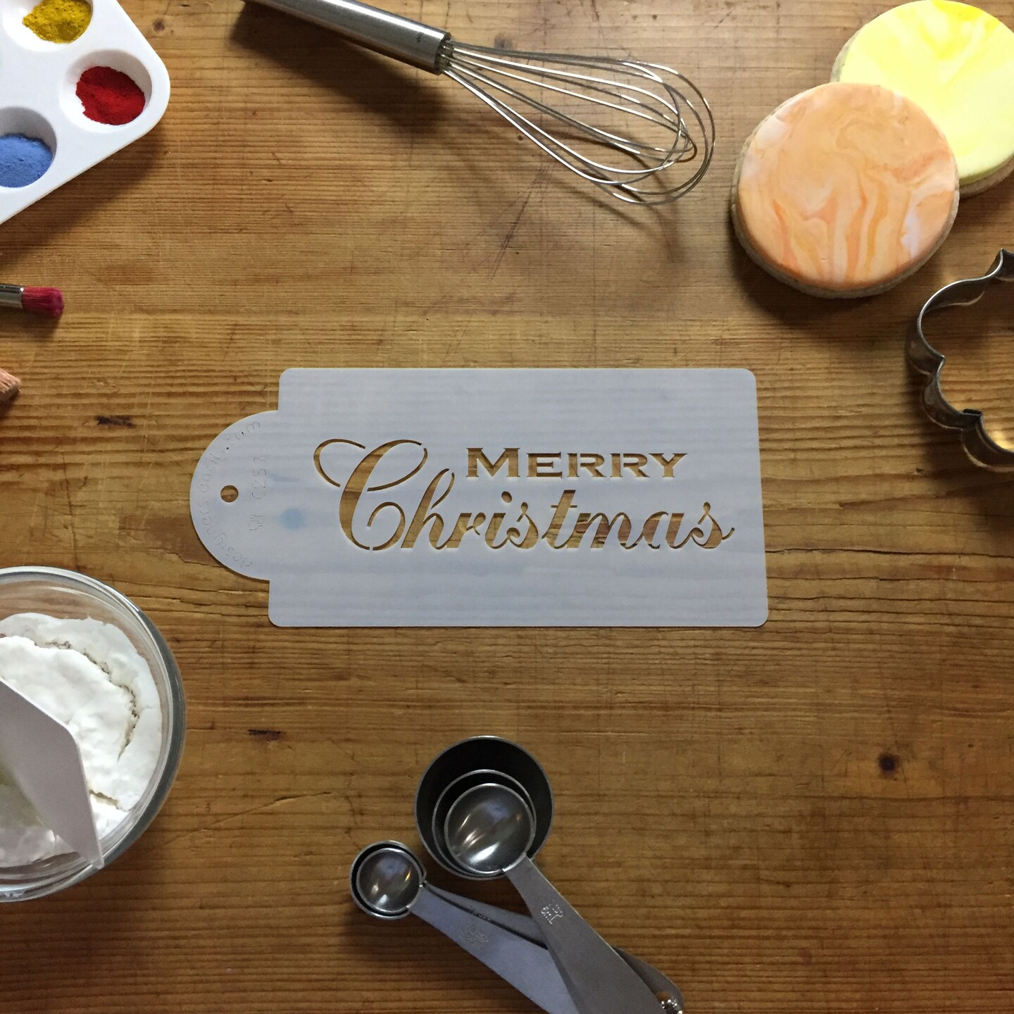 Fancy Merry Christmas Cake Stencil | C257 by Designer Stencils | Cake Decorating Tools | Baking Stencils for Royal Icing, Airbrush, Dusting Powder | Reusable Plastic Food Grade Stencil for Cakes | Easy to Use & Clean Cake Stencil